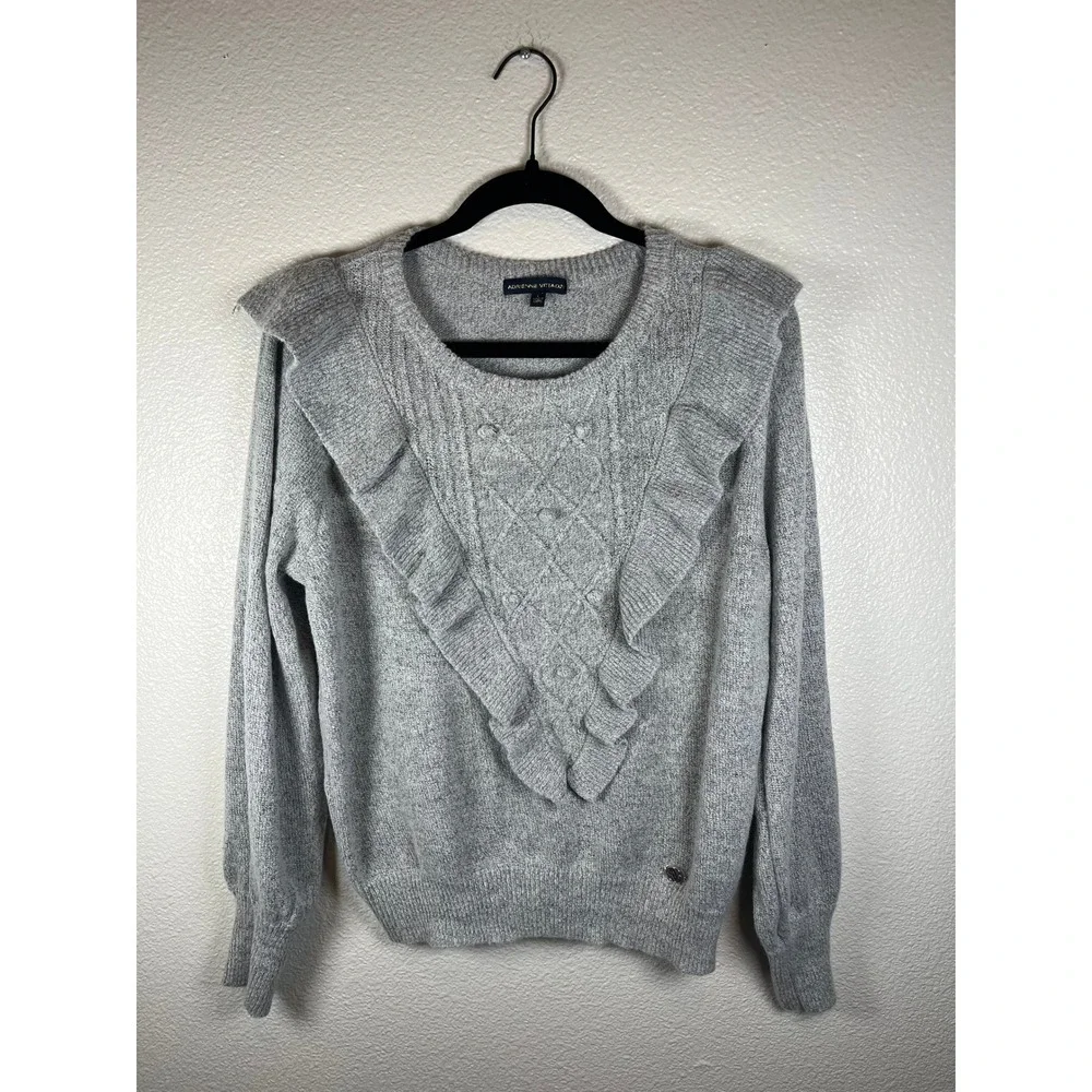 Adrienne Vittadini Ruffle Front Cable Knit Autumn Cozy Sweater Gray Large